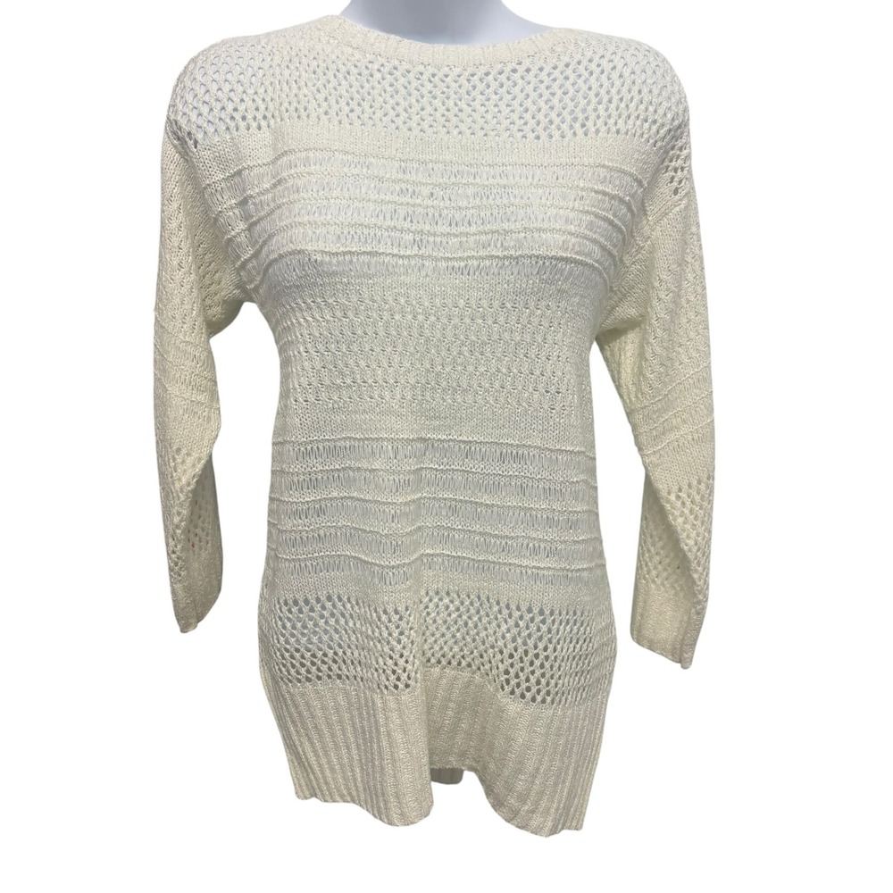 Andrea‎ Jovine Womens Cream Mixed Open Knit 3/4 Sleeve Pullover Sweater Large